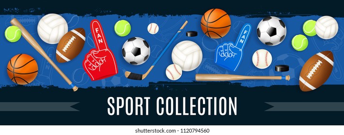 Sport inventory collection with basketball soccer rugby tennis balls puck hockey stick  baseball bat realistic icons vector illustration