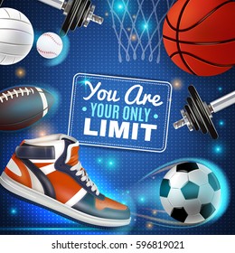 Sport inventory colorful poster with basketball soccer rugby tennis balls and sneaker vector illustration