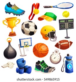 Sport inventory decorative icons set with basketball soccer rugby balls boxing gloves  tennis racket isolated flat vector illustration 