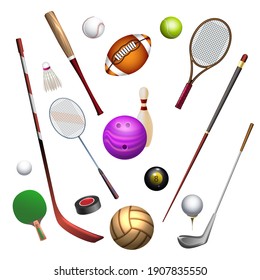 Sport inventory. Golf and baseball, table tennis and hockey, billards and bowling, rugby vector icons, sports games equipment