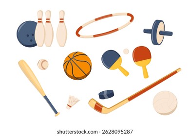 Sport inventory illustrations set. Sports stickers in cartoon style. Sports equipment training and motivation gym. Set of fitness trainers shapes healthy lifestyle