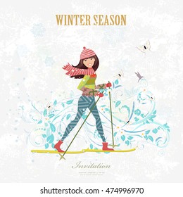 sport Invitation card with a happy girl on cross country skiing on grunge background with flora pattern for your design