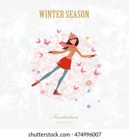 sport Invitation card with a nice young woman figure Skater on art background with for your design