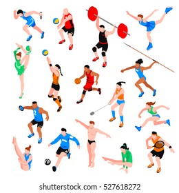 Sport isometric set with sportsmen of ball olympic games throwing competition athletics isolated vector illustration