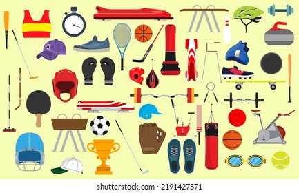 Sport item game for soccer, tennis, football and graphic equipment isolated white set vector illustration. Element championship or fitness and leisure object. Collection activity recreation sign