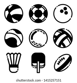 Sport item icon set. Basketball, football, volleyball, badminton, rugby, tennis, bowling and golf White background isolated