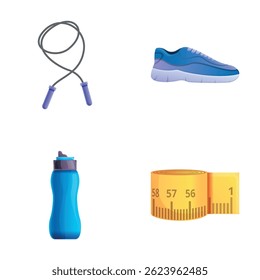 Sport item icons set cartoon vector. Sport shoe and equipment. Physical activity concept