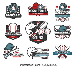 Sport items, baseball isolated icon, bat and ball sporting equipment vector. Match or competition, glove and cap, helmet, tournament emblem or logo. Team championship, headgear and playing equipment