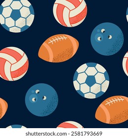 Sport Items Elements seamless pattern background for packaging and decoration with balls for rugby, soccer, volleyball, football, bowling