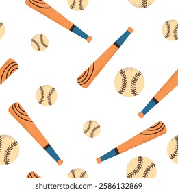 Sport Items Elements seamless pattern background for packaging and decoration with baseball bat and ball