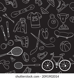 Sport items, sport equipment doodle seamless pattern on black background. Health activity theme. Vector illustration.