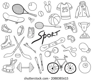 Sport items, sport equipment doodle set collection on white background. Health activity theme. Vector illustration.