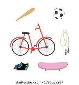 Sport items and equipment elements collection of flat vector illustrations isolated on white background. Sport supplies for biking, football and skateboarding.