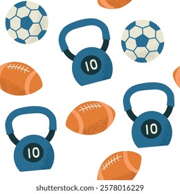 Sport Items Equipment seamless pattern background for packaging and decoration with balls for soccer, rugby, football, kettlebell