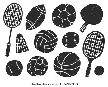 Sport items hand drawn vector silhouettes set. Equipment grunge sltyle collection. Soccer, baseball, football game, tennis, volleyball, badminton accessories design elements pack.
