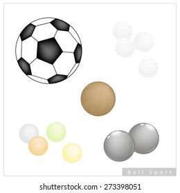 Sport Items, Illustration Collection of 5 Assorted Balls, Football, Golf, Bocce Ball, Pong Ping Ball and Polo Ball Isolated on White Background.
