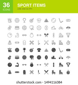 Sport Items Line Web Glyph Icons. Vector Illustration of Fitness Outline and Solid Symbols. 