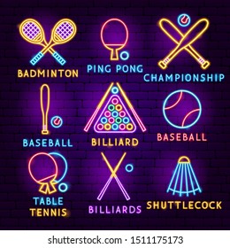 Sport Items Neon Label Set. Vector Illustration of Activity Promotion.