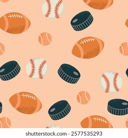 Sport Items seamless pattern background for packaging and decoration with balls for tennis, rugby, hockey, baseball