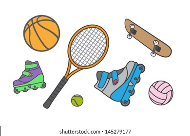 Sport items set: balls, skates, rollerblades, tennis racket