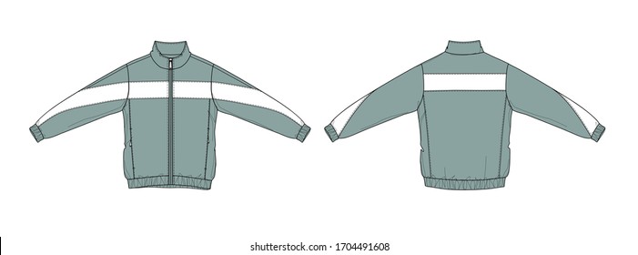 Sport jacket design with in-seam zip pockets, in mint green-white color, flat sketch, front and back views