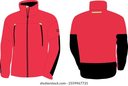 Sport Jacket Design Red-Black With four  Pockets And Stopper Fitted Hem Vector. A stopper-fitted hem for a snug fit, and a modern design perfect for both casual and athletic wear."