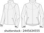 Sport jacket front and black technical fashion illustration design template full zip no hood on transparent background.