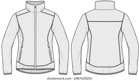 Sport jacket front and black technical fashion illustration design template full zip no hood on transparent background.