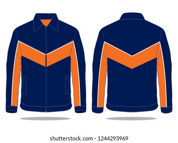 Sport Jacket Navy Blue-Orange With White Line Piping Design Vector.Front and Back View.