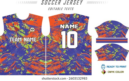 Sport jersey design template with grunge line halftone pattern background. Sport uniform in front and back view. Shirt mock up for sport club. Vector Illustration