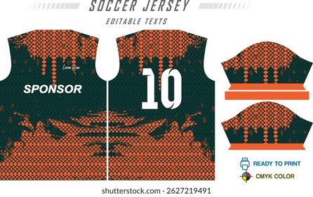 Sport jersey design template with grunge line halftone pattern background. Sport uniform in front and back view. Shirt mock up for sport club. Vector Illustration