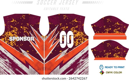 Sport jersey design template with grunge line halftone pattern background. Sport uniform in front and back view. Shirt mock up for sport club. Vector Illustration