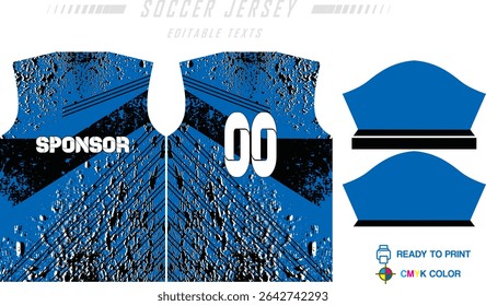 Sport jersey design template with grunge line halftone pattern background. Sport uniform in front and back view. Shirt mock up for sport club. Vector Illustration