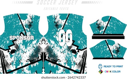 Sport jersey design template with grunge line halftone pattern background. Sport uniform in front and back view. Shirt mock up for sport club. Vector Illustration
