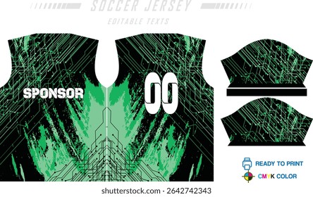 Sport jersey design template with grunge line halftone pattern background. Sport uniform in front and back view. Shirt mock up for sport club. Vector Illustration