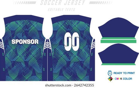 Sport jersey design template with grunge line halftone pattern background. Sport uniform in front and back view. Shirt mock up for sport club. Vector Illustration