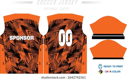 Sport jersey design template with grunge line halftone pattern background. Sport uniform in front and back view. Shirt mock up for sport club. Vector Illustration