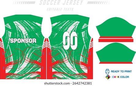 Sport jersey design template with grunge line halftone pattern background. Sport uniform in front and back view. Shirt mock up for sport club. Vector Illustration