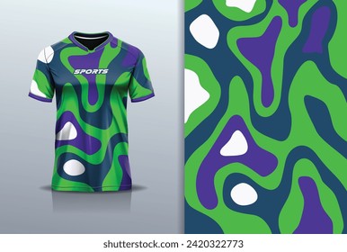 Sport jersey design template mockup water wave abstract line for football soccer, racing, running, e sports, green purple color