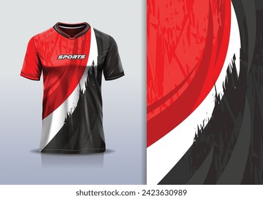 Plantilla de diseño jersey deportivo curva de mockup línea grunge abstracto rústico para fútbol, carreras, correr, e deportes en color rojo negro