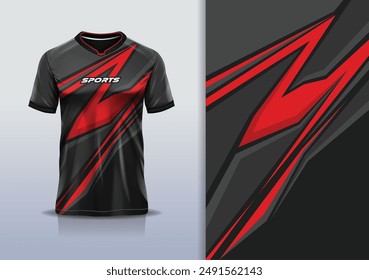 Diseño de camiseta deportiva maqueta de Plantilla de carreras de línea de rayas para fútbol, correr, deportes electrónicos, color rojo negro