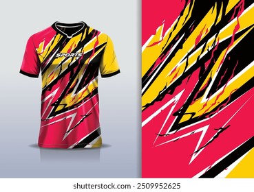 Modelo de design de camisa esporte mockup curva linha grunge corridas para futebol futebol, corrida, esportes, vermelho amarelo cor preta