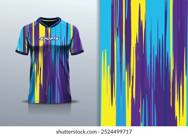 Modelo de design de camisa esporte mockup pintura abstrata para futebol futebol, corrida, esportes, azul roxo cor amarela