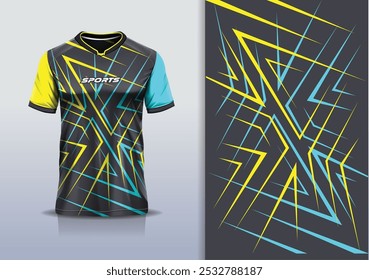 Línea aguda de la maqueta de la Plantilla del diseño del jersey del deporte para el fútbol, correr, eSports, color amarillo negro azul