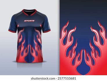 Sport jersey design template mockup flame fire line star pattern for football soccer, running, esports, blue red color