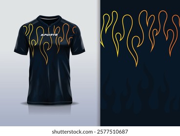 Sport jersey design template mockup flame fire line star pattern for football soccer, running, esports, black gold color