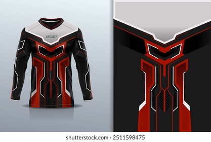 Sport jersey long sleeve design template mockup stripe line racing for motocross motorcycle football soccer, racing, e sports, red black color