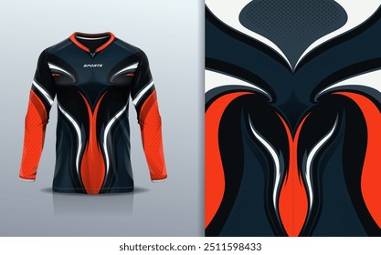 Modelo de manga longa da camisa de esporte mockup linha de curva design abstrato para motocross motocicleta futebol futebol, corridas, e esportes, laranja cinza preto cor