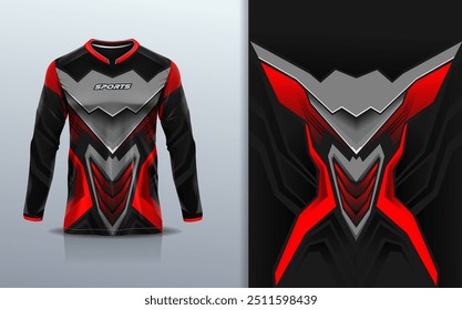 Modelo de manga longa da camisa de esporte mockup linha de curva design abstrato para motocross motocicleta futebol futebol, corridas, e esportes, cor preta vermelha