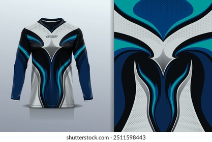 Modelo de manga longa da camisa de esporte mockup linha de curva design abstrato para motocross motocicleta futebol futebol, corridas, e esportes, azul cinza preto cor